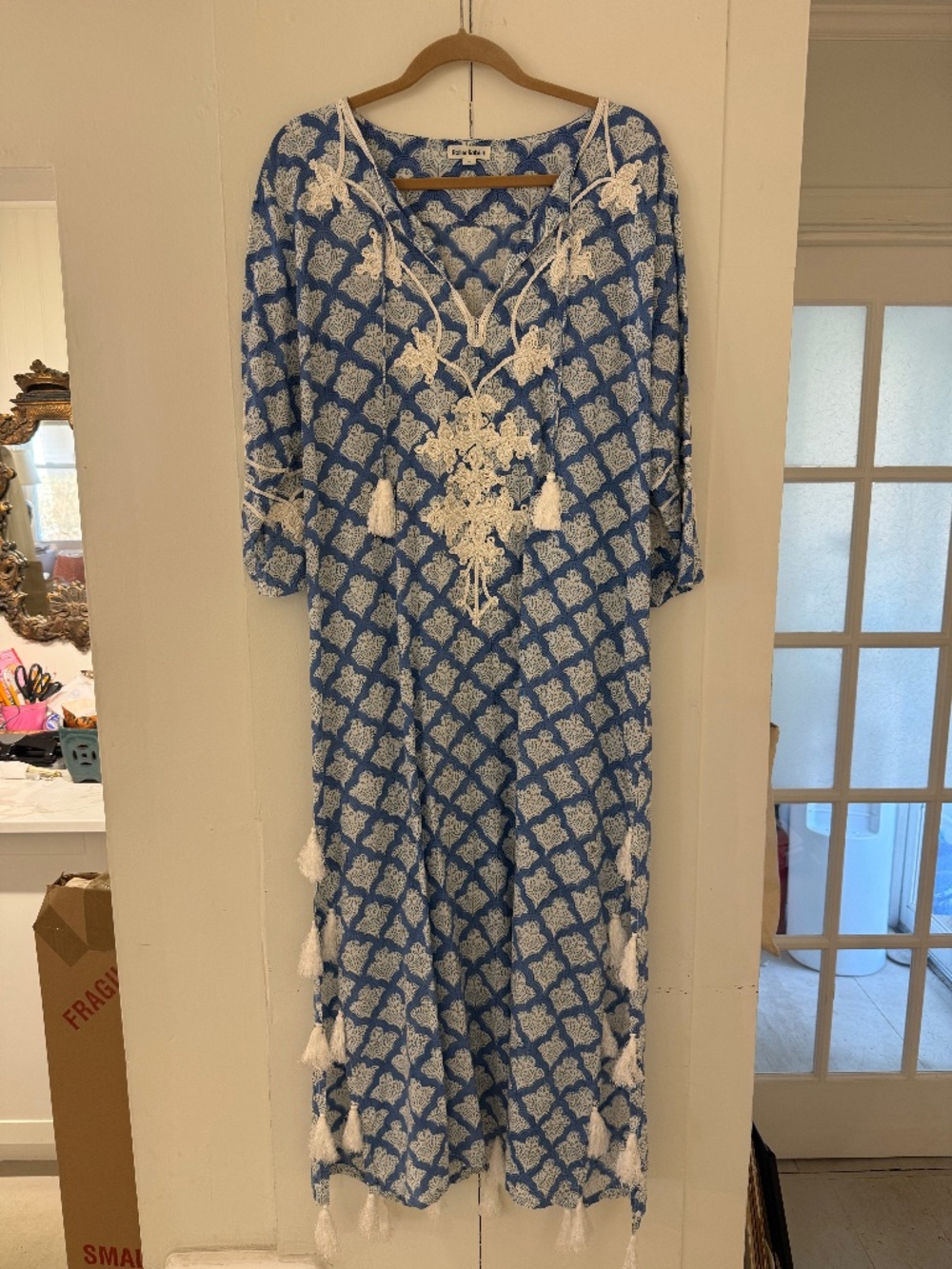 Roller Rabbit Blue and White Long Caftan with White Tassels